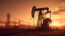 Silhouette Of Crude Oil Pumpjack Rig On Desert Silhouette In Evening Sunset, Energy Industrial Machine For Petroleum Gas Production. Generative Ai