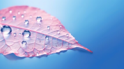 Wall Mural - The close-up of transparent skeleton leaf with water drops on beautiful texture in a blue and pink background. Generative AI image AIG30.