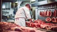 Butcher Cuting Meat In A Butcher Shop Generative Ai