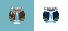 Waterfall Logo Design, High Cliff Waterfall Vector Illustration With Vintage And Modern Concept
