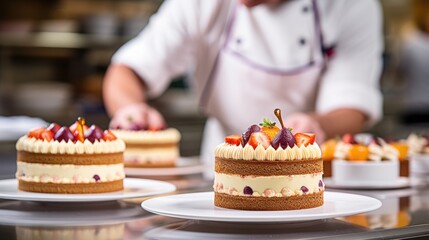 Wall Mural - pastry chef decorating a cake in a bakery generative ai