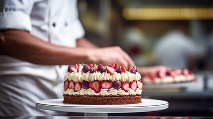 Wall Mural - pastry chef decorating a cake in a bakery generative ai