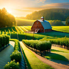 Wall Mural - landscape with farm in the morning