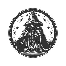 rat witch, vintage logo line art concept black and white color, hand drawn illustration