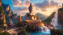 Evening Sun Casts A Warm Glow On The Serene Landscape, Illuminating The Big Buddha Statue Standing Gracefully Among Cascading Waterfalls, And Majestic Mountains.