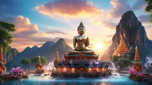 Big Buddha Statue Stands Tall Amidst The Picturesque Landscape Of Cascading Waterfalls And Mountains, Creating A Stunning Scene As The Evening Light Casts A Warm Glow Over The Surroundings.
