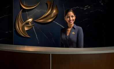 A friendly woman concierge or receptionist standing and smiling at a desk at a 6 star luxury hotel in hotel uniform. Knowledgeable and professional assistance.