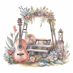 watercolor of a stage with musical instruments