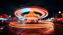 The Mesmerizing Light Trails Of A Spinning Carnival Ride Against The Backdrop Of A Bustling Fairground
