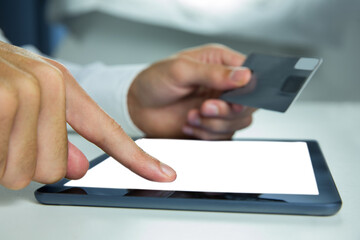 Poster - Digital png photo of caucasian hands using tablet on transparent background