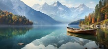 Idyllic Landscape Featuring Rowboats Anchored In Tranquil Lake Amidst Stunning Mountain Range. Concept Of Serene Nature And Travel.