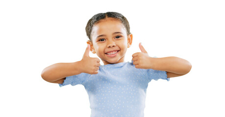 Happy little girl, portrait and thumbs up in approval, agreement or winning isolated on a transparent PNG background. Young child or kid smile with hands in like emoji, yes sign or OK for agreement