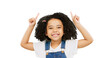 © Shubham Mayur/peopleimages.com - Smile, pointing and presentation with portrait of child on png for idea, show and promotion. Happy, advertising and announcement with face of young girl isolated on transparent background for sign