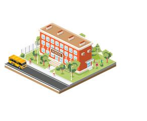 Wall Mural - Isometric school building with yellow bus isolated on white background.