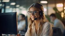 A Caucasian Blonde Woman In White Blouse And Glasses , Smiling While Talking On  Headset While Working At Her Desk In Open Plan Office