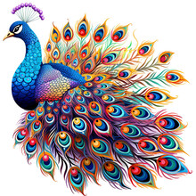 A Beautiful Blue Peacock With Colorful Feathers Side View, Digital Clipart, Vibrant Texture