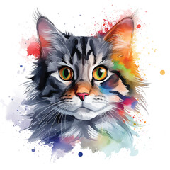 Wall Mural - Lovely Watercolor Cat Pose on a White Canvas