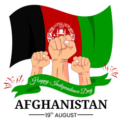 Wall Mural - Vector graphic of Afghanistan Independence Day for greeting card with clenched fist, fireworks and ribbon