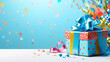 Celebration background with gift box, colorful party streamers, confetti and birthday party hats