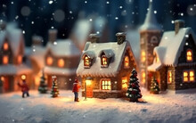 Holiday Christmas Winter Village And Tree Decorated Xmas Lights Garland With Defocused Rural Landscape On Background With Snow Covered Houses, Pine Forest And Snowman.