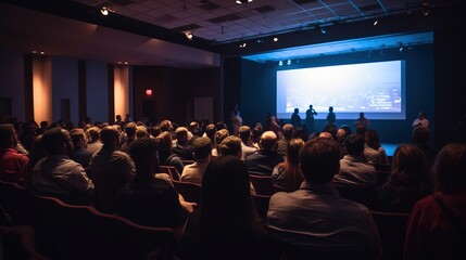 an audience full of experts in a dark conference room watches a keynote presentation. generative ai