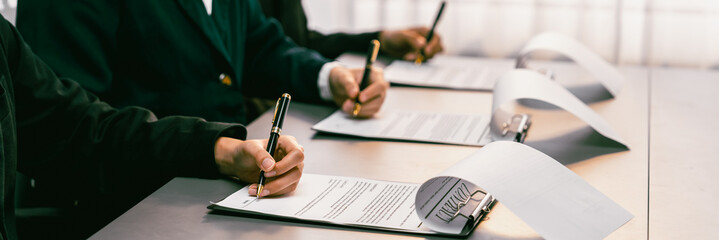 Wall Mural - Panorama view of corporate executives sign joint business contract in boardroom, negotiating partnership agreement for collaboration. Professional agreement between big corporations. Prodigy