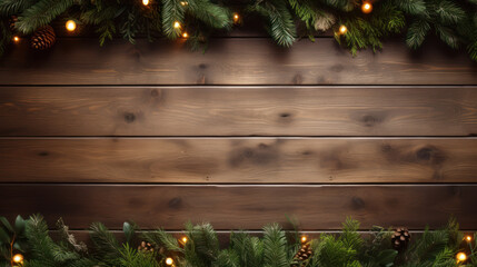 Wall Mural - Top View of Christmas Tree Garland and Decorations on a Vintage Wooden Background. Generative AI