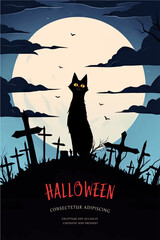 Wall Mural - Halloween banner with tradition symbols. Black cat illustration.