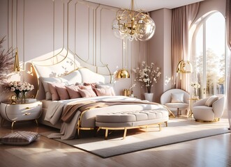 Photo of a luxurious bedroom with a grand bed and an elegant chandelier