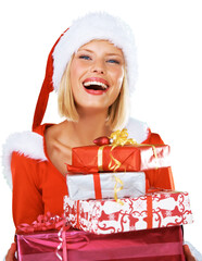 Poster - Portrait, Christmas and gift with a woman Santa Claus isolated on transparent background for celebration. Box, present and festive season with a female person in costume for December holidays on PNG