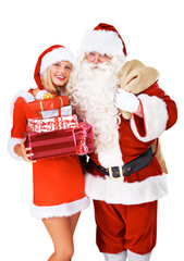 Sticker - Celebrate, Christmas present and Santa Claus with help isolated on a transparent background. Happy, festive and portrait of man and woman in a red costume on PNG with gift for holiday event