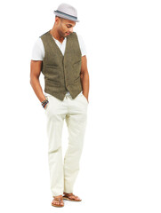 Fashion hat, happy and man with confidence isolated on a transparent png background. Style, fedora and person looking down with hands in pocket with classy clothes, aesthetic and trendy in waistcoat