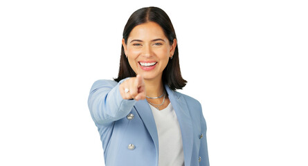 Wall Mural - Portrait, selection and a business woman excited for an opportunity isolated on transparent background to vote for you. Smile, pointing and choice with a happy young female person on PNG for decision