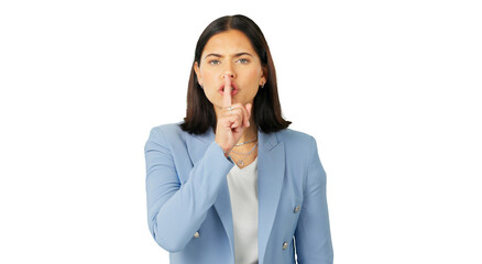 Poster - Secret, angry portrait and business woman with finger on lips isolated on transparent png background in privacy, loud noise or moody reaction. Face of serious worker, silence and quiet emoji of voice