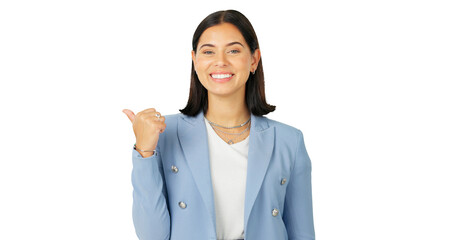 Poster - Happy, pointing and business woman with promotion or deal isolated in transparent or png background. Portrait, smile entrepreneur and consultant with direction, showing space and sale with happiness