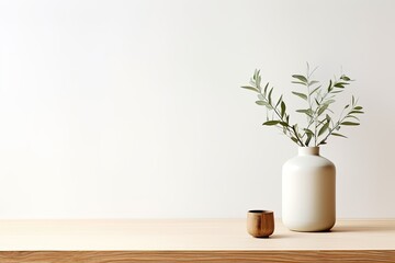 Wall Mural - A minimalistic home decor featuring a light wooden table or desk placed against a white wall, showcasing a small vase containing a single sprig of sage. The composition provides ample space for copy