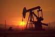 © LivroomStudio - Crude oil pumpjack rig on desert silhouette in evening sunset, energy industrial machine for petroleum gas production background. generative ai
