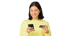 Happy Woman, Phone And Credit Card For Online Payment, Shopping Or Ecommerce Isolated On A Transparent PNG Background. Excited Female Person In Fintech Transaction Or Banking App On Mobile Smartphone