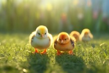 A Group Of Cute Chicks In A Green Grass Garden With Blurred Sun Light Background. Generative Ai