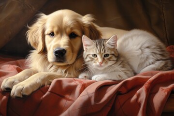 Canvas Print - A lovely canine and a tiny feline are resting side by side on a plush, pure white cushion. A young cat and a doggy share a warm and friendly environment within a cozy household. This scene embodies