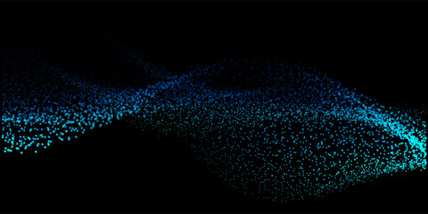 abstract random dot particles light wavy flowing blue and green gradient curve shape isolated on bla