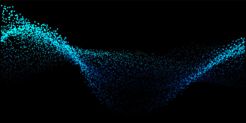 Abstract random dot particles light wavy flowing blue and green gradient curve shape isolated on black background. Vector in concept technology, science, music, modern.