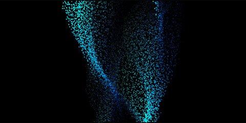 Abstract random dot particles light wavy flowing blue and green gradient curve shape isolated on black background. Vector in concept technology, science, music, modern.