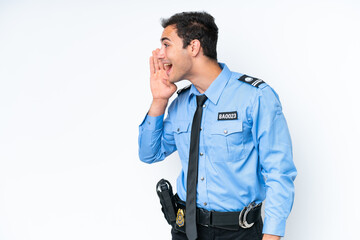 Wall Mural - Young police caucasian man isolated on white background shouting with mouth wide open to the lateral