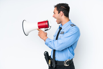 Wall Mural - Young police caucasian man isolated on white background shouting through a megaphone