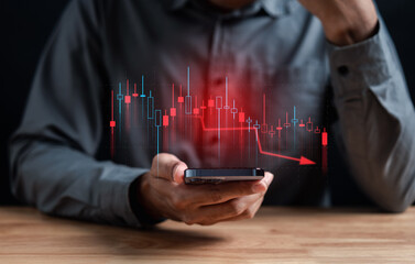 Wall Mural - Businessman Investor money loss analyze stock chart, forecast and analysis graph, economic slowdown, inflation crisis, loan interest risk, crisis stock market, investment concept.