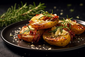 Crushed, smashed potatoes baked with rosemary and thyme on plate, Dark background