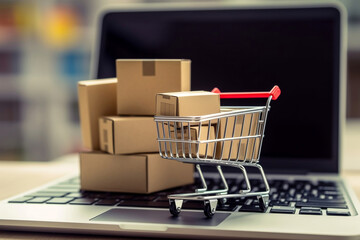 Wall Mural - Tiny shopping cart and parcels on laptop computer, delivery service, e-commerce, online shopping and marketplace concept.