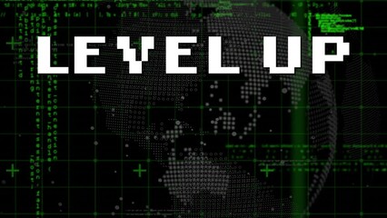 Wall Mural - animation of level up text and globe with programming language and grid