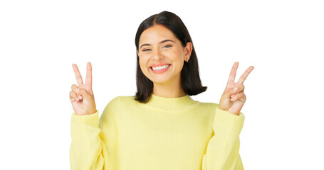 Wall Mural - Peace, hand sign and happy portrait of a woman for support. Face of a young person show icon emoji for wellness, kindness and freedom or hope with gesture isolated on a transparent, png background